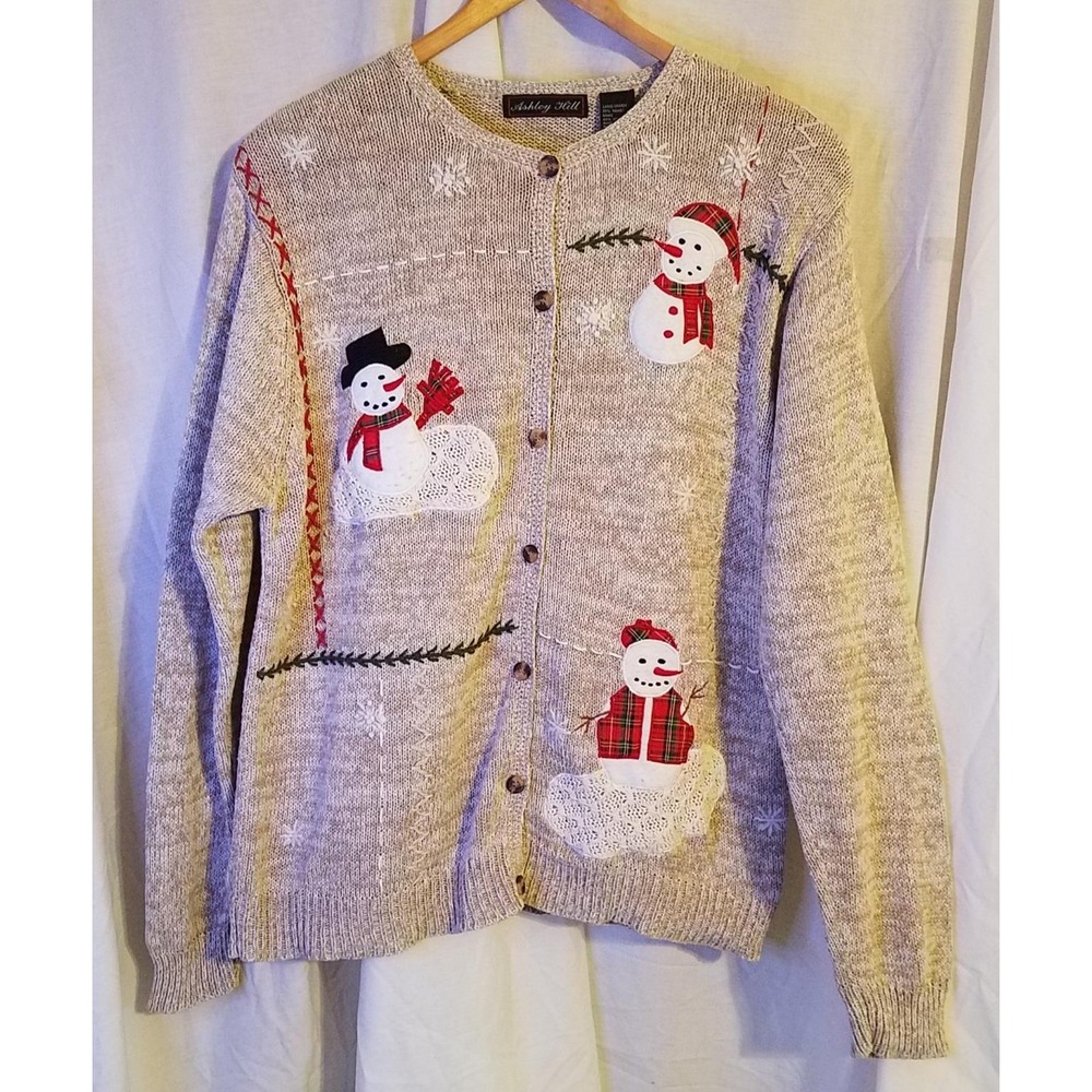 Ashley Hill Vintage 90s Christmas Sweater LG Snowman Chunky Knit Cotton Cardigan